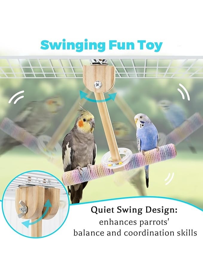زُوُو أرجوحة طيور مُصَمِتة بأصوات حفيف، مجثم حبل قطني ملون لقبضة طيور الببغاء الناعمة، مجثم خشبي متأرجح لتدريب الببغاء على التوازن، ألعاب قفص طيور متأرجحة لببغاء البادجي والكوكتيل والطيور الحبوبة - Image 2