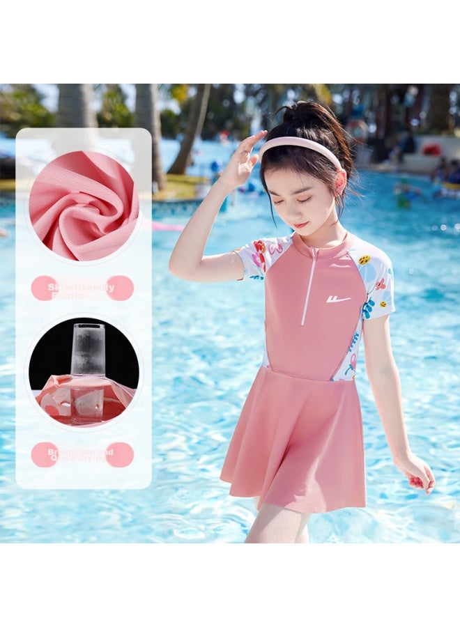 Pull Back Huili Children's Swimsuit, Girls' One-piece Dress, For Older Children, Quick-drying, Three-piece Set For Girls, 34020 Pink, 2XL - Image 3
