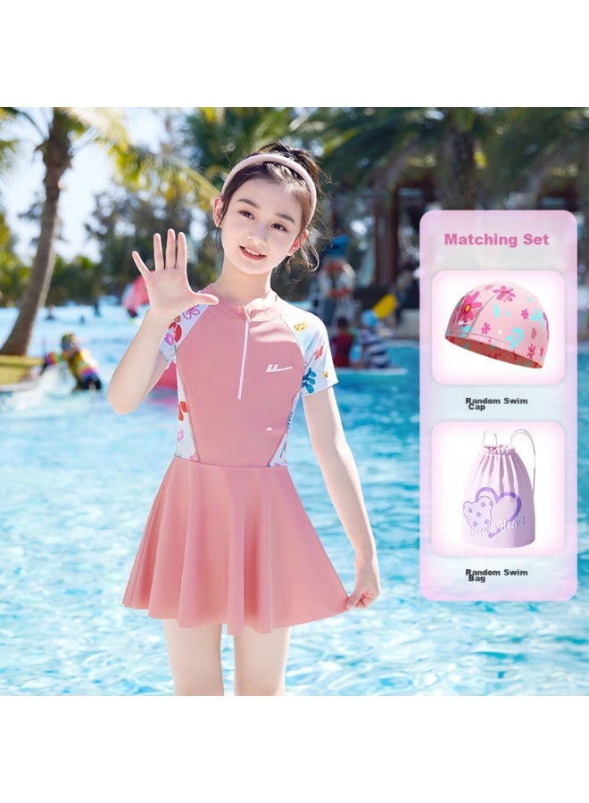 Pull Back Huili Children's Swimsuit, Girls' One-piece Dress, For Older Children, Quick-drying, Three-piece Set For Girls, 34020 Pink, 2XL - Image 1