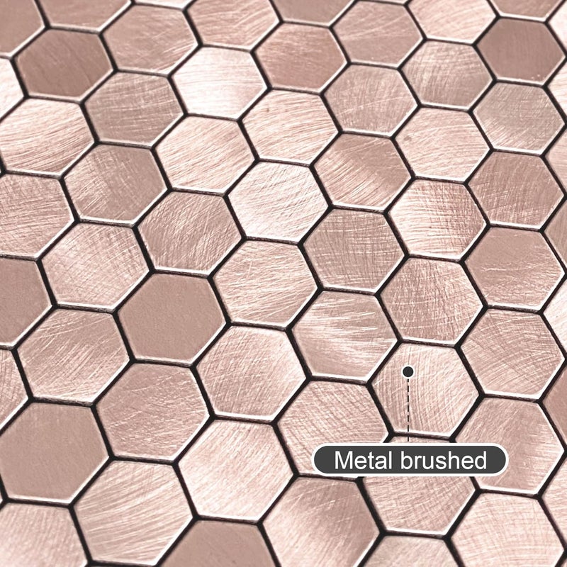 Benice Metal Mini Hexagon Stick on Mosaic Tiles Stickers for Kitchen Splashback Self Adhesive Wall Fireplace(10 Sheets,Brown Rose Gold) - Image 2
