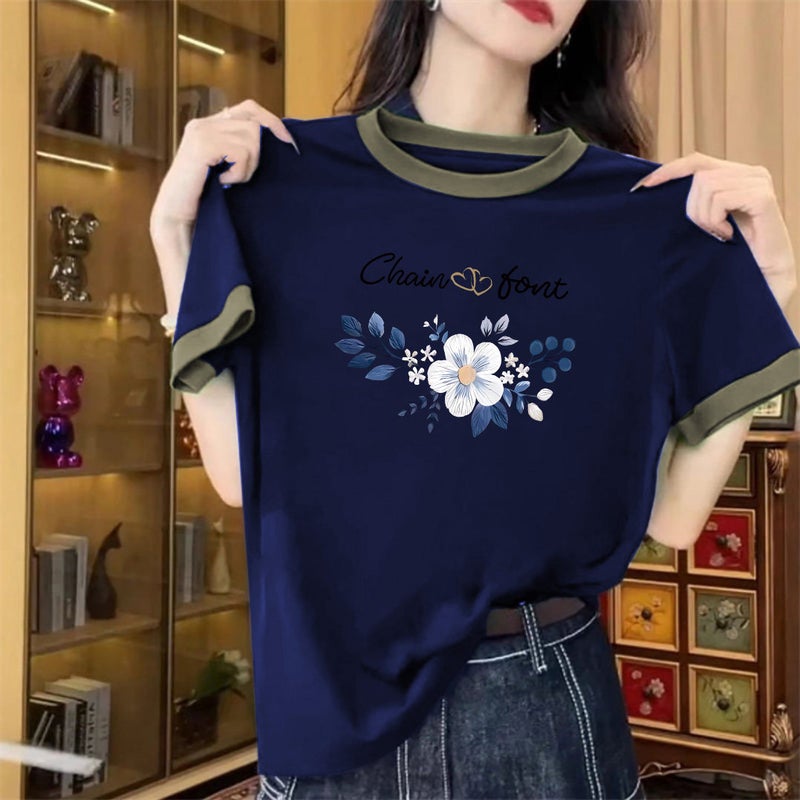 Foreign trade bargain splicing color pure cotton short-sleeved T-shirt women's summer versatile literary plus-size round-neck base shirt - Image 3