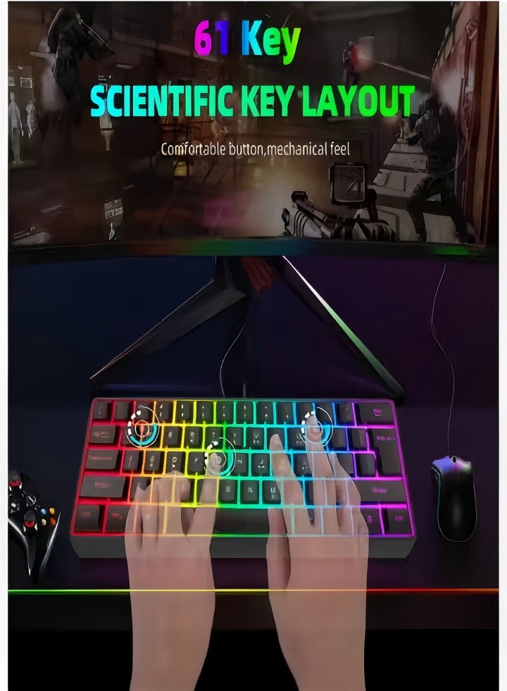 لوحة مفاتيح ألعاب ميكانيكية، لوحة مفاتيح سلكية مدمجة 61 مفتاح مع إضاءة خلفية RGB من عدسات مزدوجة، 29.2x10.2x4 سم، لون أسود - Image 2