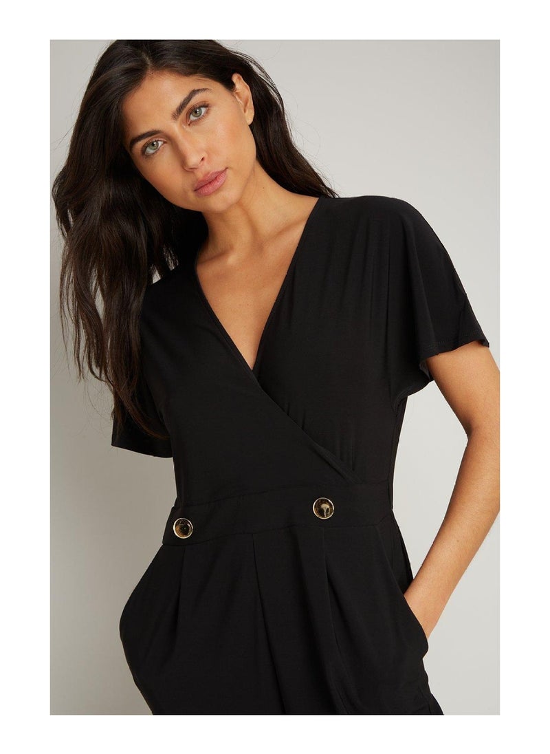Wallis - Black Button Detail Jersey Jumpsuit - Image 1