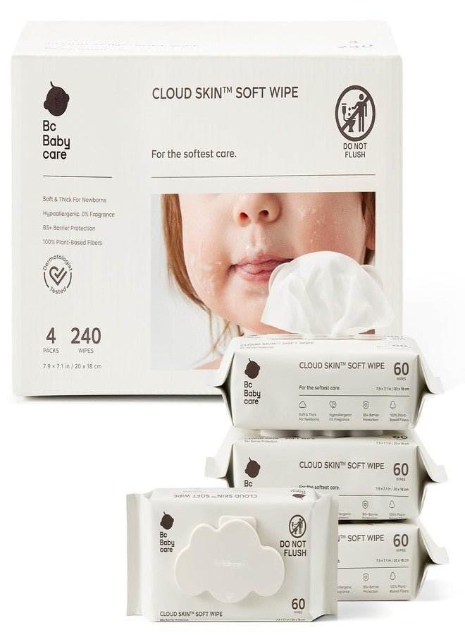 Bc Babycare Cloud Skin Soft Wipes for Sensitive Skin, Ultra-Fine Soft, B5 Hydrating & Barrier Care, 99% Pure Water, 100% Plant-Based, Hypoallergenic, Unscented Newborn Essentials (4 Pack, 240 Count)