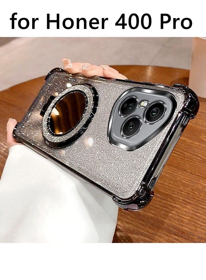 Magnetic Glitter Case for Honor 400 Pro ，Camera Lens Protector，Sparkly Stand，Makeup Mirror，Luxury Gradient Shockproof Honor 400 Pro Cover for Women Girls Gift，Black - Image 1