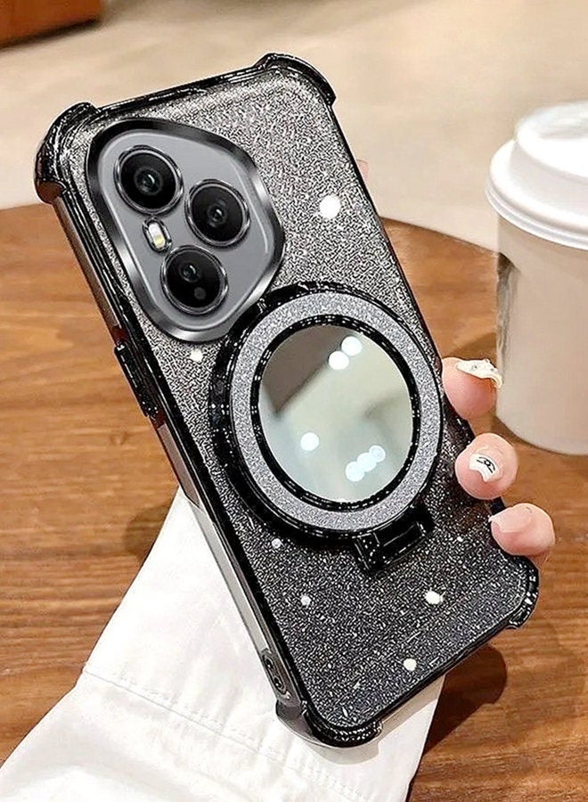 Magnetic Glitter Case for Honor 400 Pro ，Camera Lens Protector，Sparkly Stand，Makeup Mirror，Luxury Gradient Shockproof Honor 400 Pro Cover for Women Girls Gift，Black - Image 2