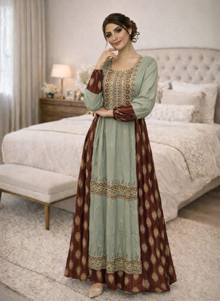 بريميم جلابية ماكسي مطرزة باللونين الأخضر الزيتوني والعنابي للنساء - فستان محتشم طويل مع لوحة أمامية مزخرفة، وأكمام بالون مطبوعة، وحافة مزخرفة - Image 2