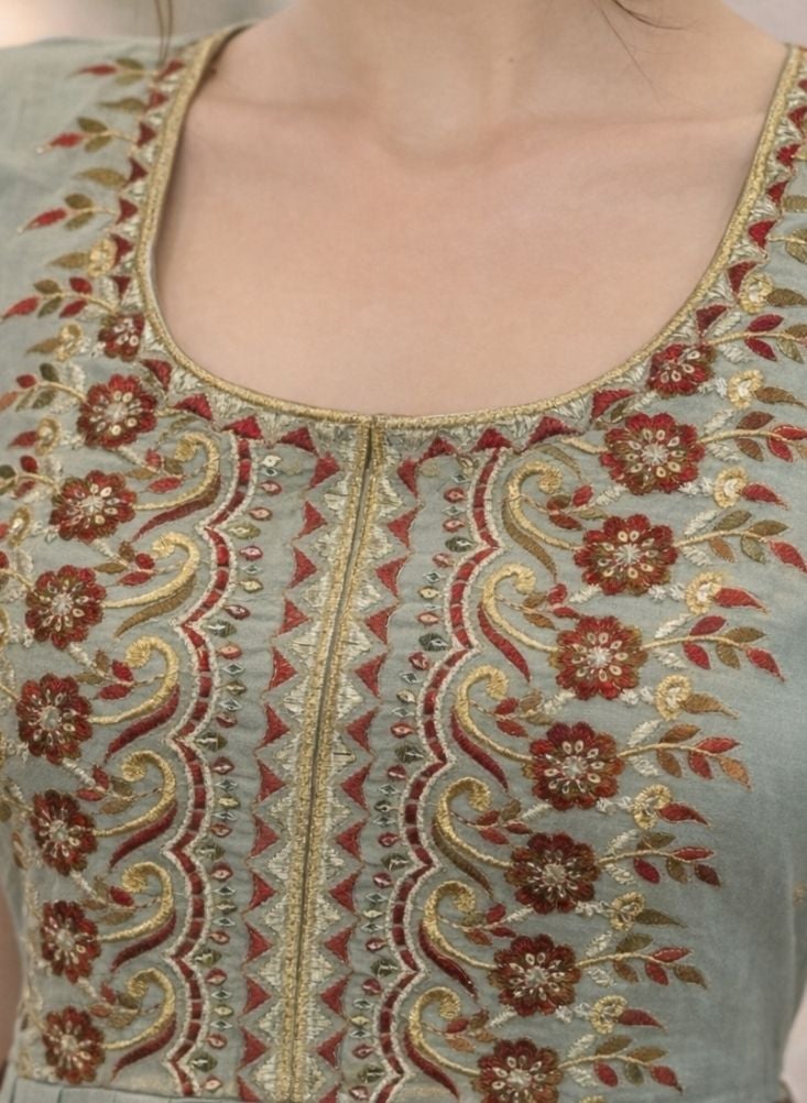 بريميم جلابية ماكسي مطرزة باللونين الأخضر الزيتوني والعنابي للنساء - فستان محتشم طويل مع لوحة أمامية مزخرفة، وأكمام بالون مطبوعة، وحافة مزخرفة - Image 3