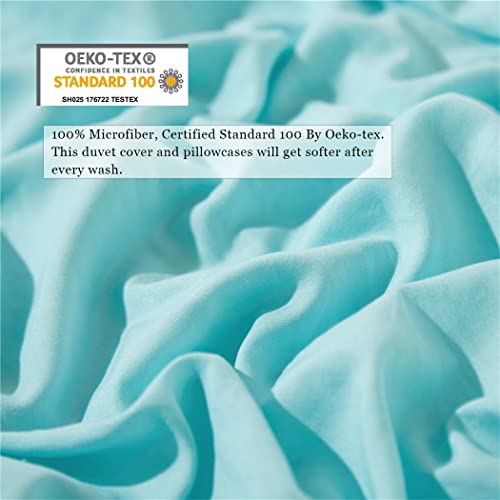 IHOUSTRIY Super Soft Duvet Cover and Pillow Shams Set, Microfiber, Pom Pom Fringe, Comforter Cover with Zipper and Ties, Easy Care, Simple Style Bedding Set, 3 Piece - Queen, Aqua - Image 3