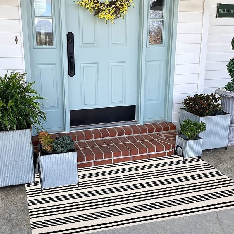 BUAGETUP Black and White Striped Outdoor Rug 24'' x 51''Farmhouse Front Porch Mat Hand-Woven Machine Washable Layered Door Mats for Entryway/Bedroom - Image 5