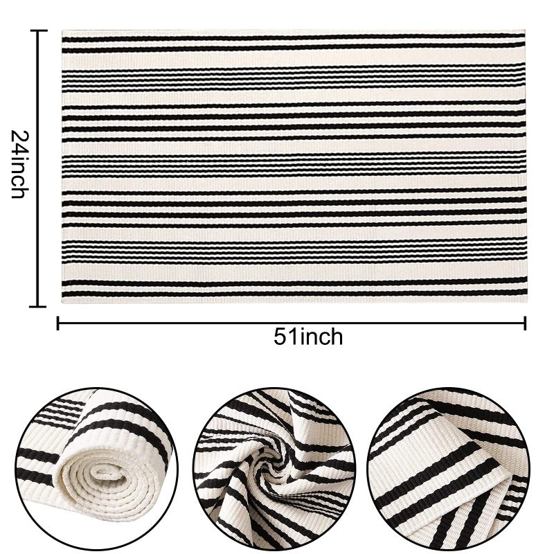 BUAGETUP Black and White Striped Outdoor Rug 24'' x 51''Farmhouse Front Porch Mat Hand-Woven Machine Washable Layered Door Mats for Entryway/Bedroom - Image 2