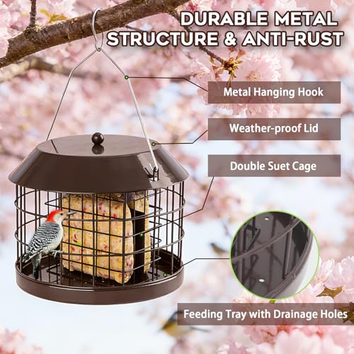 Gbekery Caged Suet Bird Feeder for Outdoors Hanging, Squirrel Proof Double Suet Feeder for Small Birds, Metal Cage with Detachable Hook, Large Space, Outdoors Weatherproof, Brown - Image 5