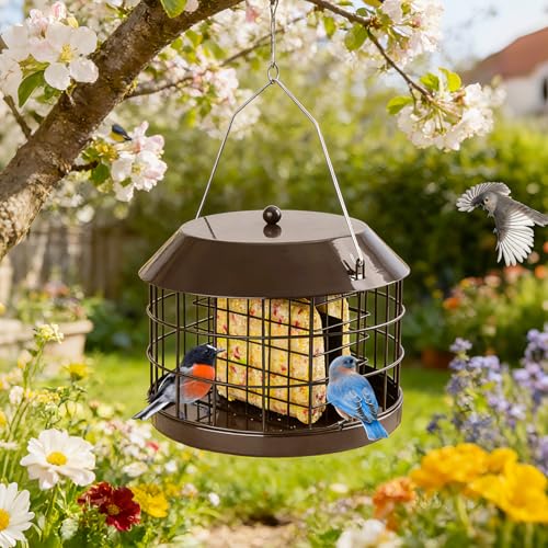 Gbekery Caged Suet Bird Feeder for Outdoors Hanging, Squirrel Proof Double Suet Feeder for Small Birds, Metal Cage with Detachable Hook, Large Space, Outdoors Weatherproof, Brown - Image 2