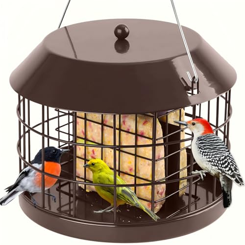 Gbekery Caged Suet Bird Feeder for Outdoors Hanging, Squirrel Proof Double Suet Feeder for Small Birds, Metal Cage with Detachable Hook, Large Space, Outdoors Weatherproof, Brown - Image 1