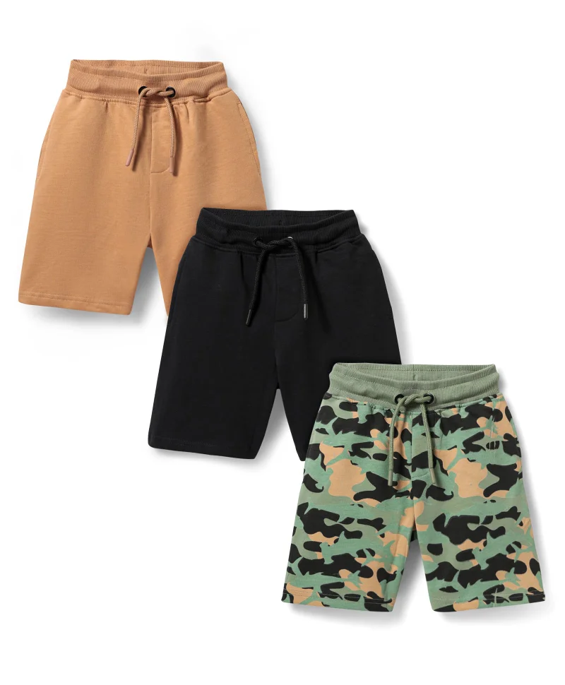 Primo Gino Primo Gino 100% Cotton Knit Knee Length Shorts With Solids & Abstract Print Pack of 3 - Black Beige & Green