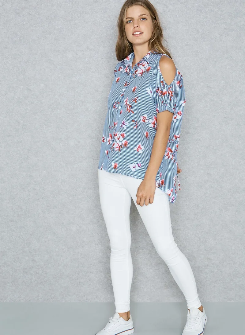 Ginger Striped Printed Cold Shoulder Shirt