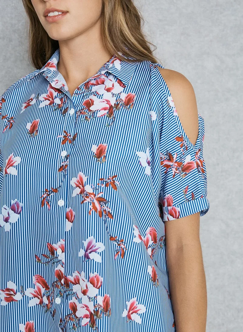 Ginger Striped Printed Cold Shoulder Shirt