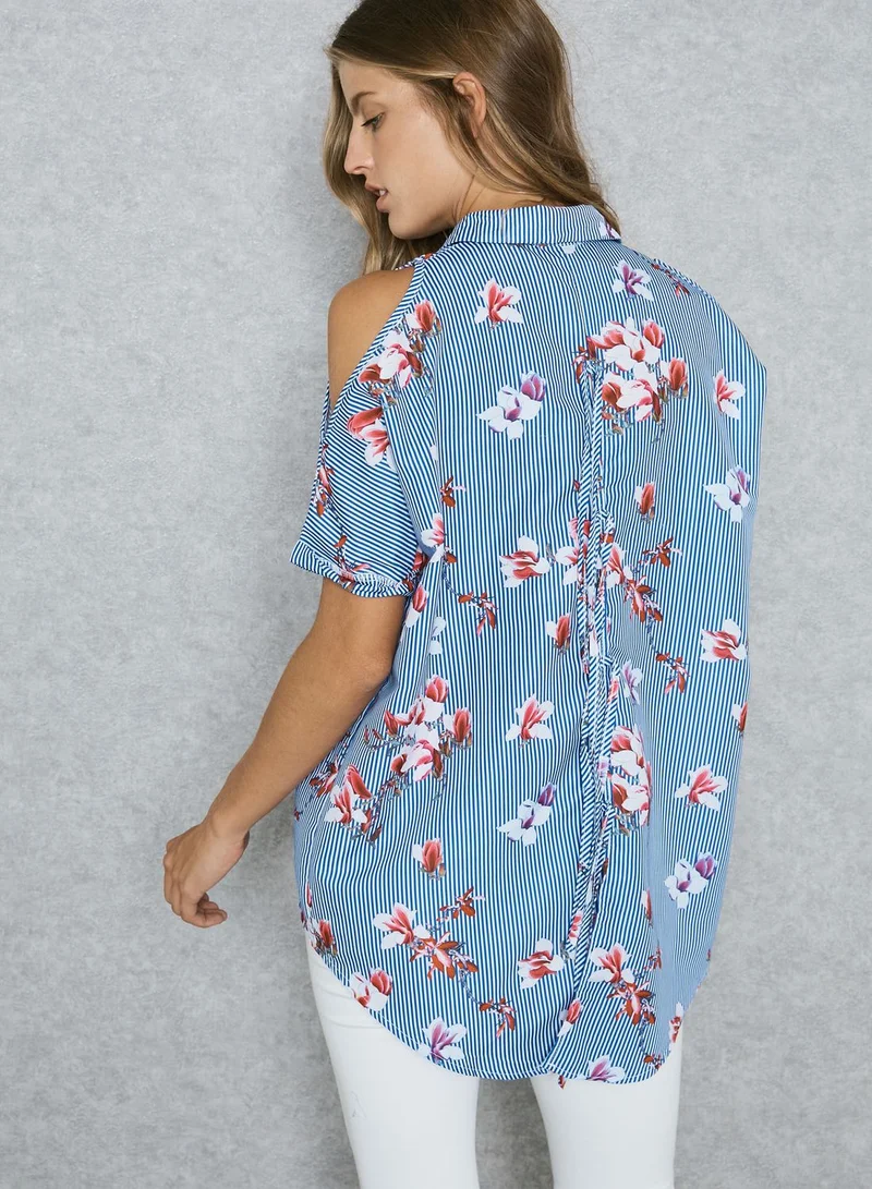 Ginger Striped Printed Cold Shoulder Shirt