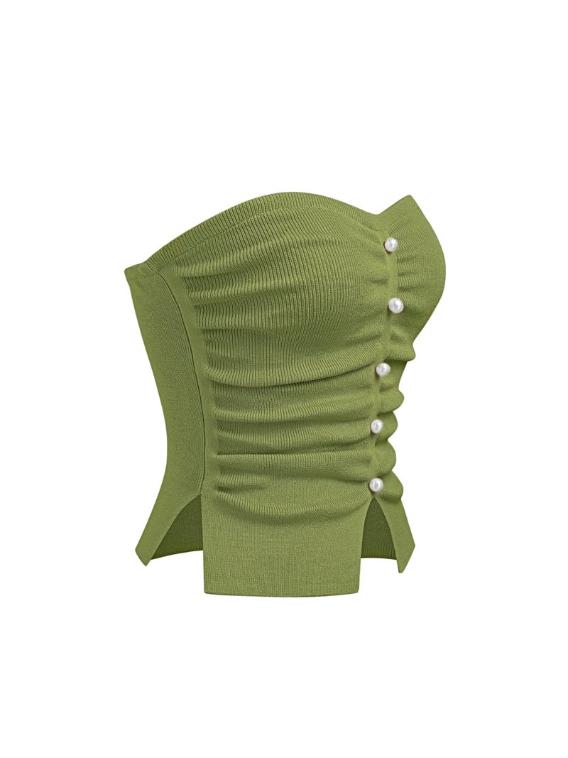 CIDER Faux Pearl Tube Tops for Women Crop Knit Split Hem Ruched Going Out Tops Cute Summer Outfits Y2K Matcha Green - Image 5