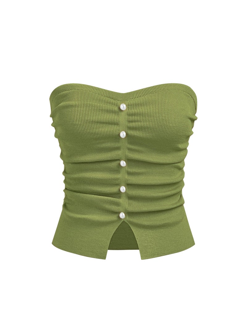 CIDER Faux Pearl Tube Tops for Women Crop Knit Split Hem Ruched Going Out Tops Cute Summer Outfits Y2K Matcha Green - Image 1