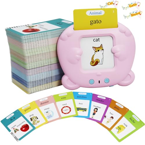 MAYAPHILOS Spanish English 510 Words Alphabet Bilingual Talking Flash Cards for 38 Years Toddlers Pocket Speech Buddy Therapy Autism Toys Educational Learning Interactive Toy for Boys Girls Kids Gifts Pink - Image 1