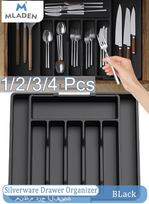 Silverware Drawer Organizer, Expandable Utensil Tray for Kitchen, Adjustable Flatware and Cutlery Holder, Compact Plastic Storage for Spoons Forks Knives, Large, Safe Grade Finis
