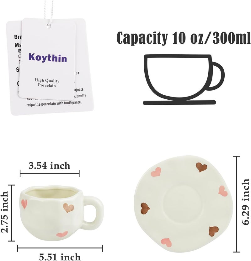Koythin Ceramic Coffee Mug with Saucer Set, Cute Love Cup Unique for Office and Home, 10 oz/300 ml for Latte Tea Milk - Image 2