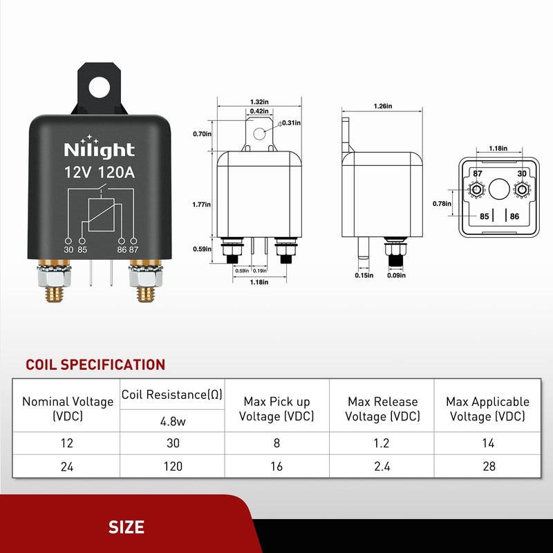 Nilight 120A Starter Relay 4 Pin Split Charge Relays Switch 12V Continuous Heavy Duty SPST High Current 4 Terminal Car Starter On Off Control for Automotive Car Truck RV Camper - Image 3
