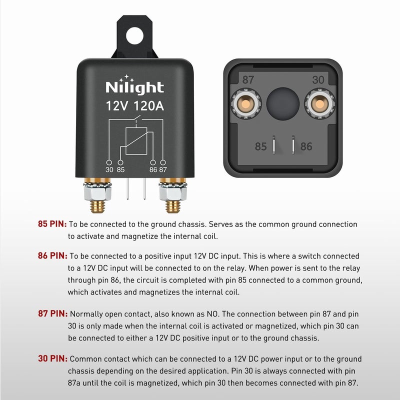 Nilight 120A Starter Relay 4 Pin Split Charge Relays Switch 12V Continuous Heavy Duty SPST High Current 4 Terminal Car Starter On Off Control for Automotive Car Truck RV Camper - Image 5