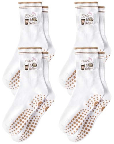 Yawlsow Pilates Grip Socks for Women Yoga Grippy Socks Cute Barre Non Skid Athletic Crew Sticky Sock Workout Hospital (US, Alpha, One Size, Regular, Regular, 4pair Brown) - Image 1