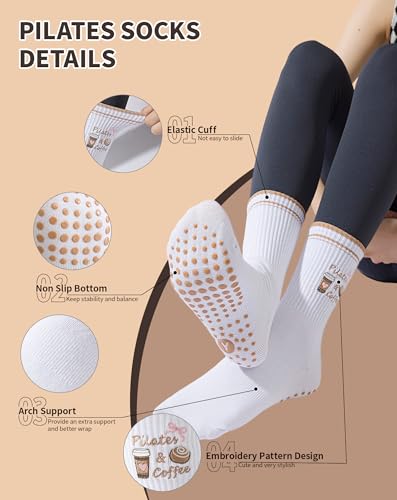 Yawlsow Pilates Grip Socks for Women Yoga Grippy Socks Cute Barre Non Skid Athletic Crew Sticky Sock Workout Hospital (US, Alpha, One Size, Regular, Regular, 4pair Brown) - Image 5