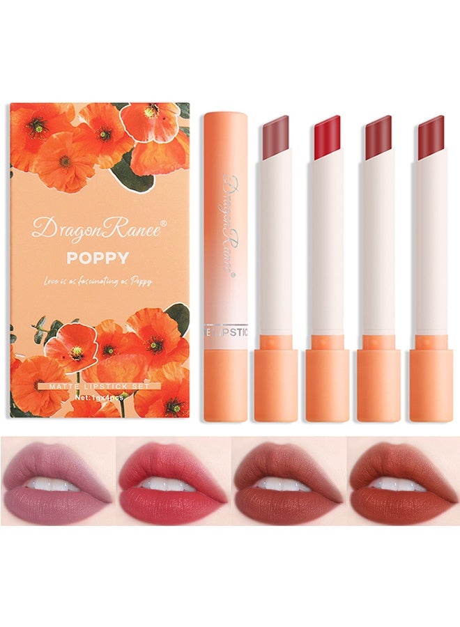 Dragon Ranee 4Pcs Matte Lipstick Set, Moisture Lip Glossy Waterproof Long Lasting Lip liner Set Lipstick for Women Makeup (Poppy) - Image 1