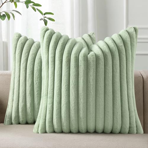 Pallene Faux Fur Plush Throw Pillow Covers 26x26 Set of 2 Luxury Soft Fluffy Striped Decorative Pillow Covers for Sofa Couch Living Room Sage Green - Image 1