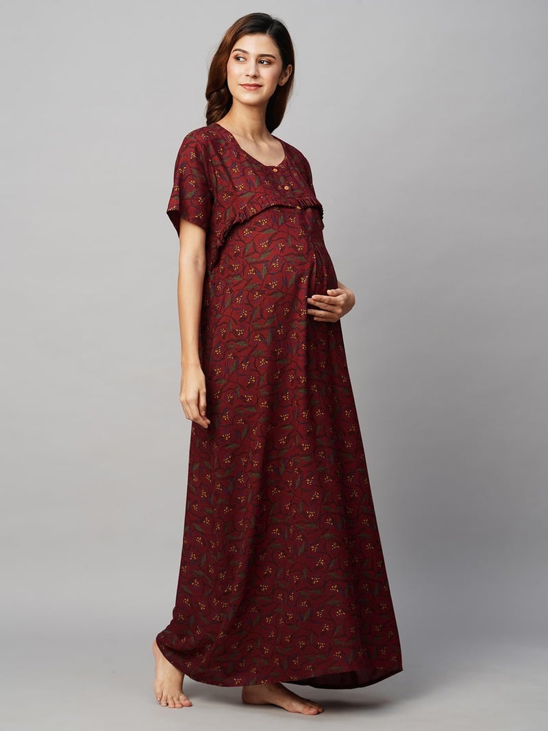 MomToBe Women's Cotton Blend Maxi Maternity Nighty/Feeding Nighty/Pregnancy Night Gown/A-Line Nursing Nighty with Zippers for Nursing Pre and Post Pregnancy (Wine Maroon, Free Size) - Image 3