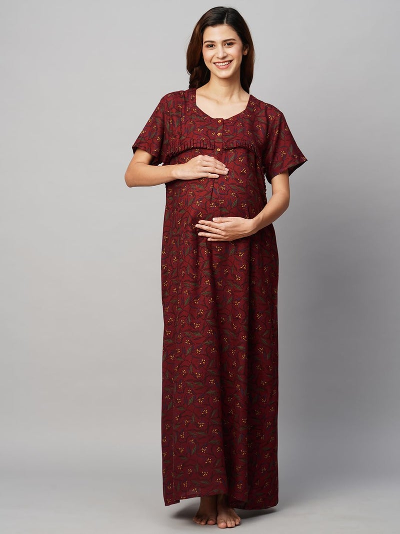 MomToBe Women's Cotton Blend Maxi Maternity Nighty/Feeding Nighty/Pregnancy Night Gown/A-Line Nursing Nighty with Zippers for Nursing Pre and Post Pregnancy (Wine Maroon, Free Size) - Image 2
