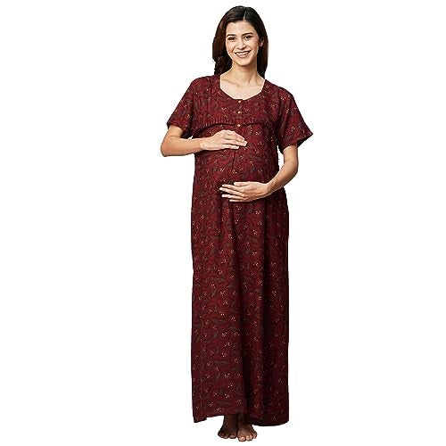 MomToBe Women's Cotton Blend Maxi Maternity Nighty/Feeding Nighty/Pregnancy Night Gown/A-Line Nursing Nighty with Zippers for Nursing Pre and Post Pregnancy (Wine Maroon, Free Size) - Image 1