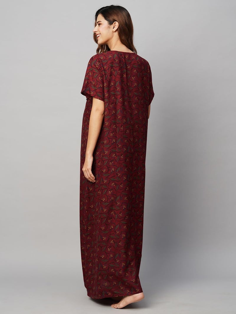 MomToBe Women's Cotton Blend Maxi Maternity Nighty/Feeding Nighty/Pregnancy Night Gown/A-Line Nursing Nighty with Zippers for Nursing Pre and Post Pregnancy (Wine Maroon, Free Size) - Image 4