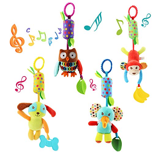 Joyshare 4 PCS Baby Soft Hanging Rattle Crinkle Squeaky Toy - Baby Toys for 0 3 6 9 to 1 Animal Ring Plush Stroller Infant Car Bed Crib Travel Activity Hanging Wind Chime with Teether for Boys Present - Image 1