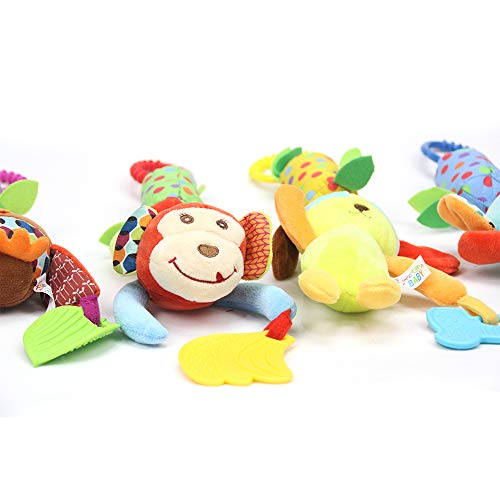 Joyshare 4 PCS Baby Soft Hanging Rattle Crinkle Squeaky Toy - Baby Toys for 0 3 6 9 to 1 Animal Ring Plush Stroller Infant Car Bed Crib Travel Activity Hanging Wind Chime with Teether for Boys Present - Image 3