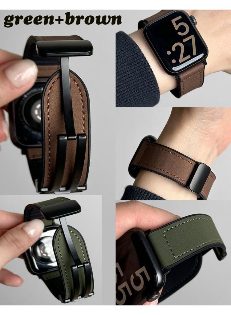 NIBEMINENT 2-Piece Watch Band Compatible for Apple Watch Series Band 38mm 40mm 41mm 42mm women, Genuine Leather Double Tour Designed Slim Replacement Strap for iWatch Series10 9 8 7 6 SE, Brown/Green - Image 1