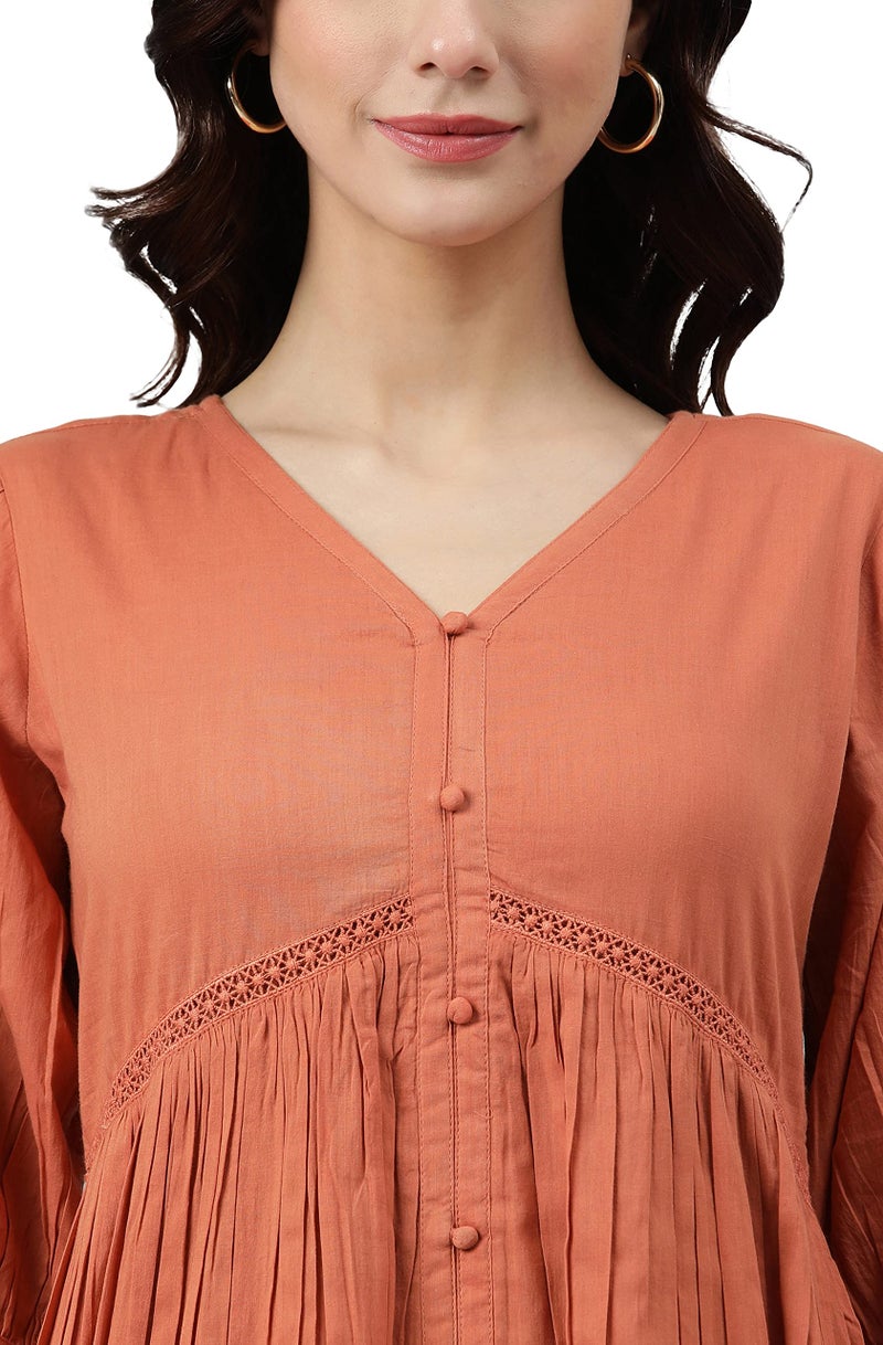 Janasya Women's Coral Orange Cotton Solid Flared Dress(J0414-DR-J-L) - Image 5