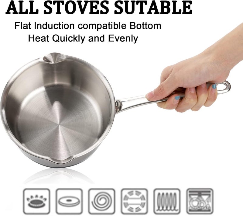 DEAYOU 18/10 Stainless Steel Milk Pot, 750ml Saucepan with Dual Pour Spout, Small Butter Melting Pot, Induction Heavy Bottom Sauce Pan for Stove Top, Soup, Chocolate, 14 cm - Image 4