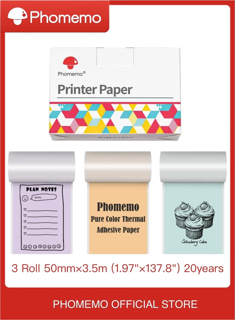phomemo 3 Rolls Thermal Self-Adhesive Labels 50mm×3.5m(Inch 1.97"*137.8"), Compatible with T02 & M02X & M832 |20 Year (Black on Orange/Green/Purple) - Image 1