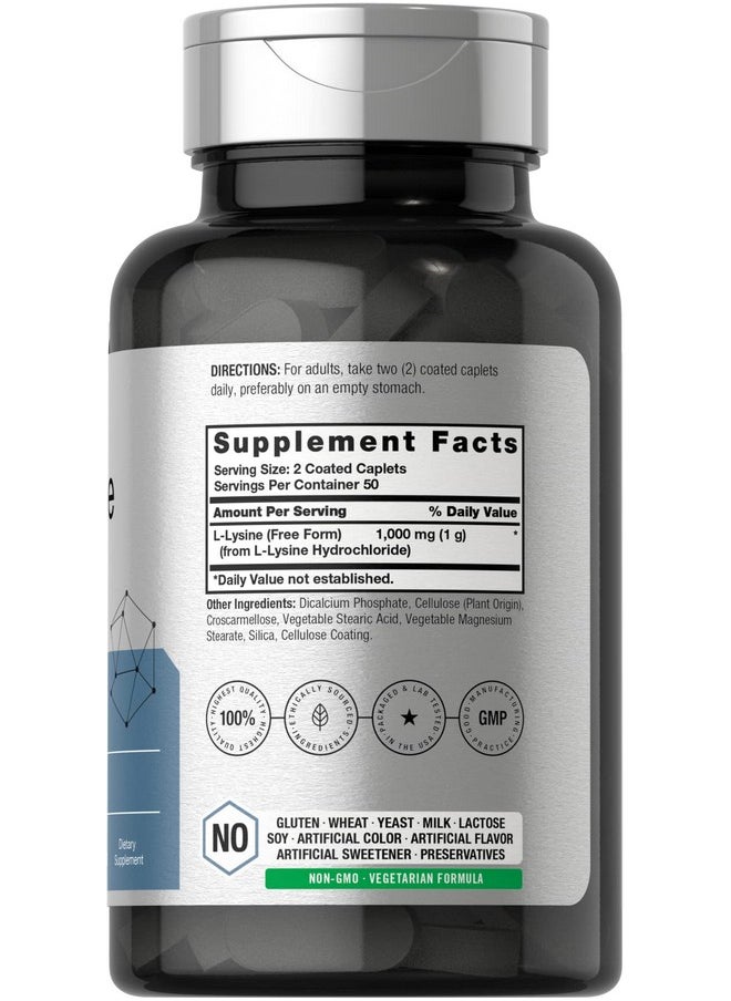 Horbaach Horbäach L-Lysine 1000mg | 100 Coated Caplets | Free Form Dietary Supplement | Essential Amino Acid | Vegetarian, Non-GMO, and Gluten Free Formula  - Image 2