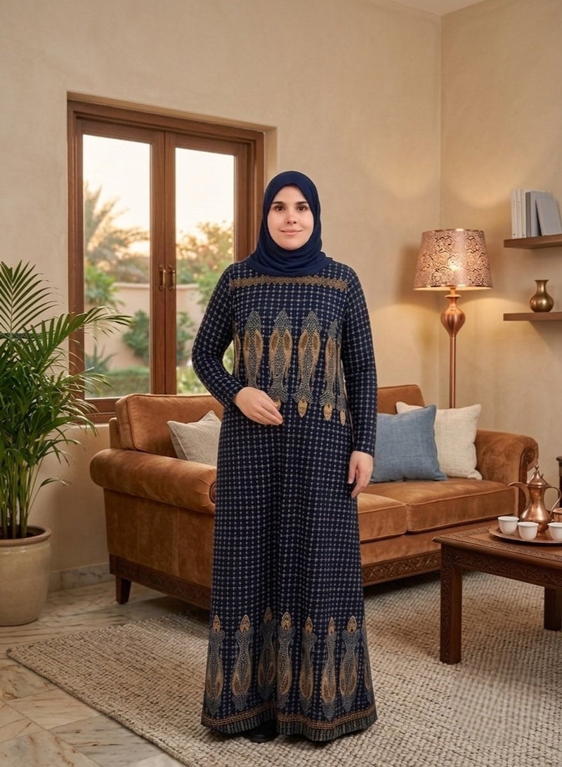 عباية نسائية طويلة مطبوعة كاجوال بأكمام طويلة وقصة فضفاضة مع جيوب جانبية فستان منزلي محتشم قفطان شرقي مريح للمنزل والراحة واللبس اليومي والصلاة لون كحلي حتى 75 كجم - Image 1