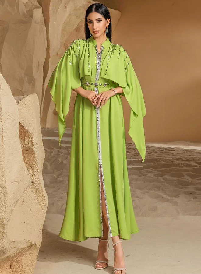 Take Two Women's Solid Rhinestone Embellished Open Collar Cape Sleeve Belted Jalabiya