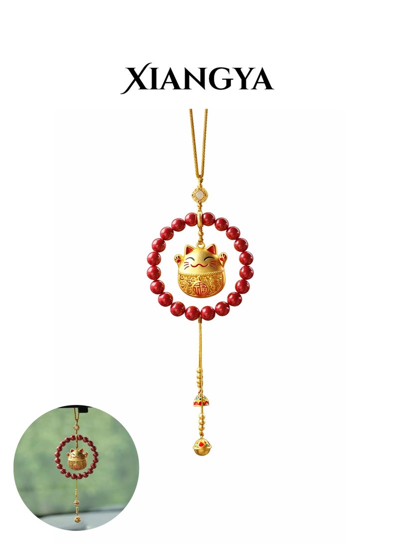 XIANGYA Car Hanging Ornament – Lucky Cat Maneki Neko Pendant with Red Bead Circle for Rearview Mirror - Image 1