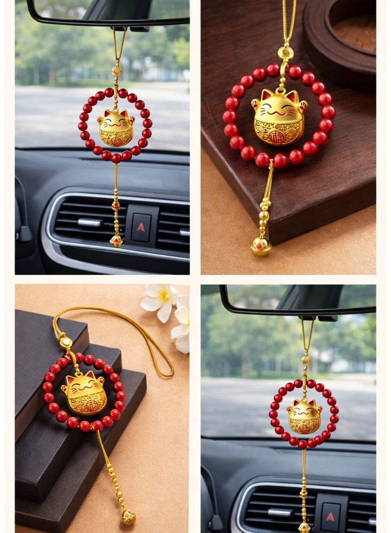 XIANGYA Car Hanging Ornament – Lucky Cat Maneki Neko Pendant with Red Bead Circle for Rearview Mirror - Image 2