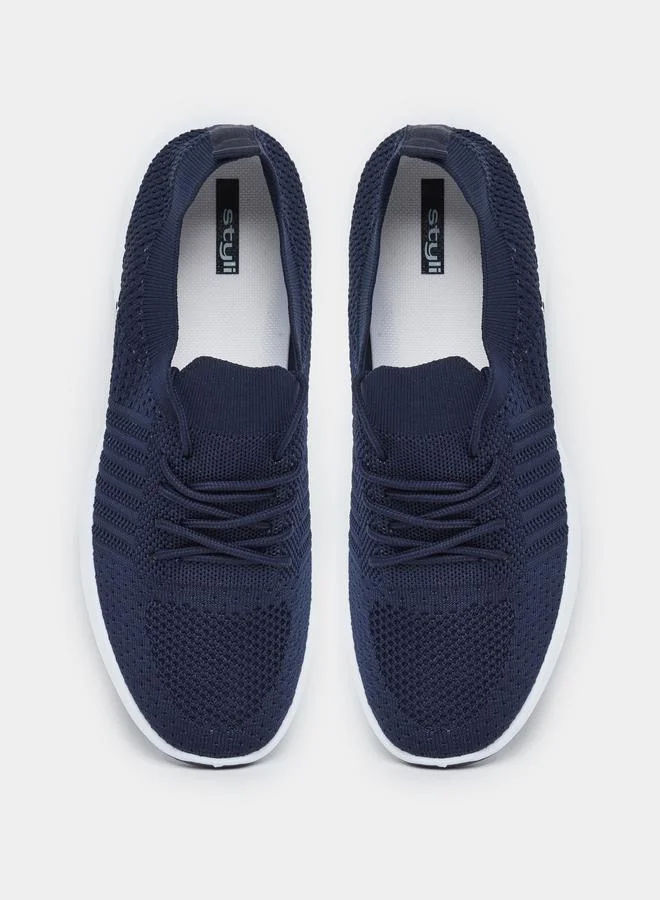 Styli Styli Men Navy Blue Elastic Lace Pull On Sneakers