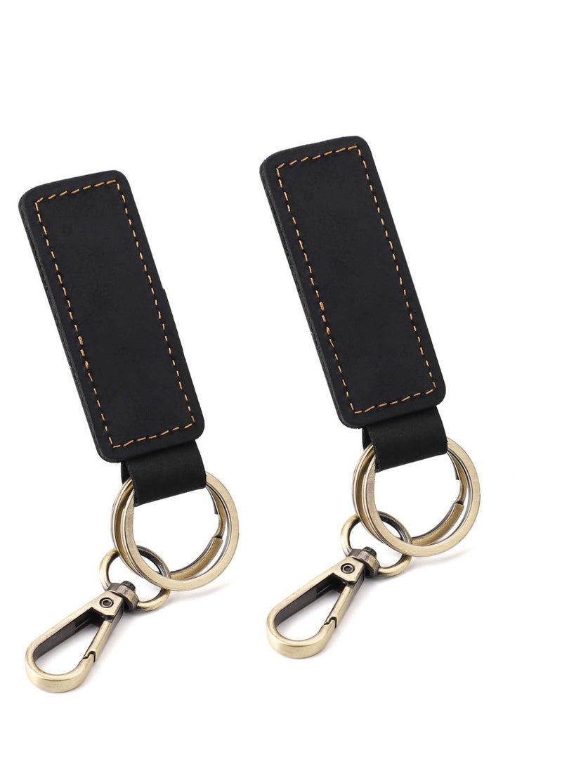 Excefore Leather Key Chain Holders, Double Ring Retro Car Key Keychain, Premium Soft Car Leather Key Holder, Universal Key Fob Keychain, for Men Women (Black) - Image 1